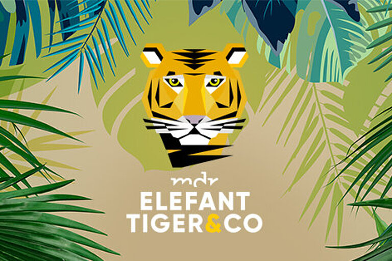 Logo mdr Elefant Tiger und Co mit Palmenblättern und Tigerkopf