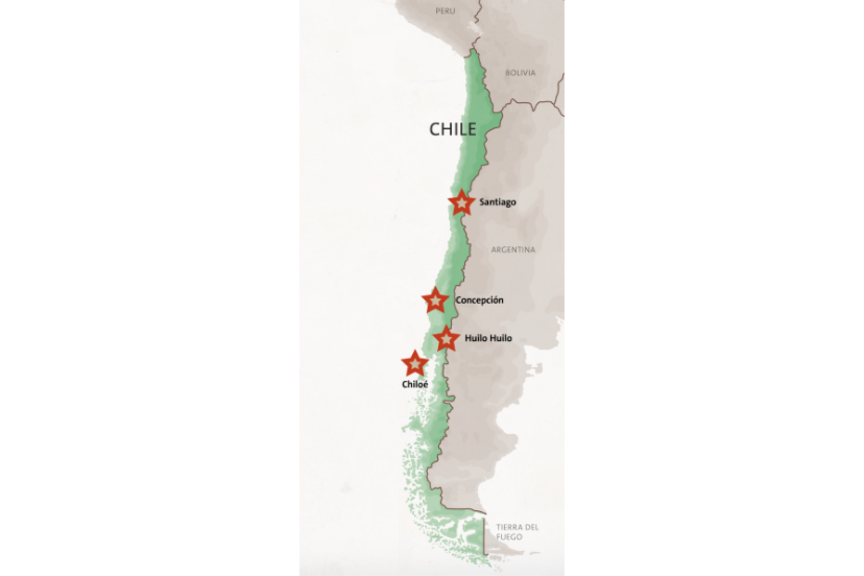 Eine geografische Karte von Chile mit klar dargestellter Landesgrenze, den wichtigsten Regionen und Städten sowie der langen, schmalen Form entlang der Pazifikküste.