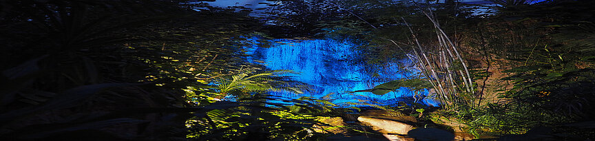 Blau beleuchteter Wasserfall in Gondwananland während der Veranstaltung Magisches Tropenleuchten