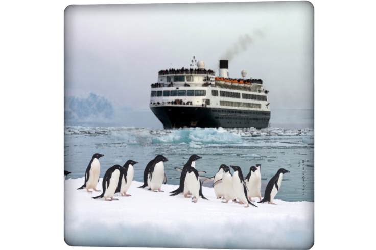The image shows ships passing through the penguins’ environment, highlighting the potential impact of human activity on their habitat.