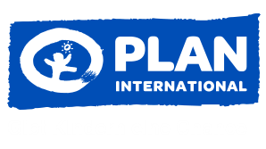 Logo Plan International blauer Hintergrund, Kreis mit Mensch und Schrift Plan International